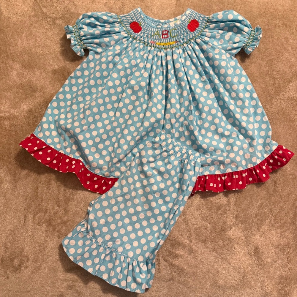 Lolly Wolly Doodle Girls Smocked ABC Apple Polka Dot Top and Shorts Set Size 5